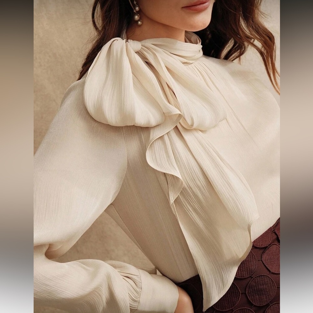 Elegant Cream Tie Neck Blouse